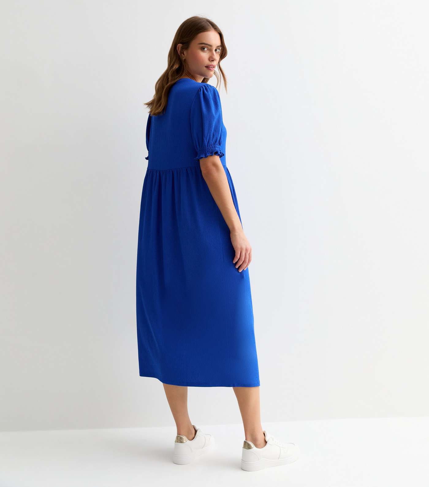 Blue Crinkle Short Sleeve Midi Smock Dress Image 4
