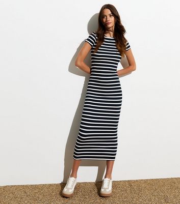 Blue Stripe Ribbed Bodycon Midi T Shirt Dress New Look