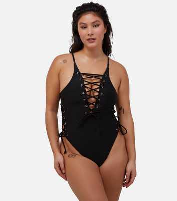 Wolf & Whistle Black Plunge Lace-Up Swimsuit 