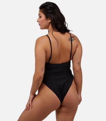 Wolf & Whistle Black Plunge Lace-Up Swimsuit New Look