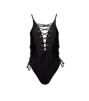 Wolf Whistle Black Plunge Lace Up Swimsuit