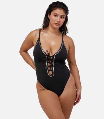 Wolf & Whistle Black Stud Lace-Up Swimsuit 