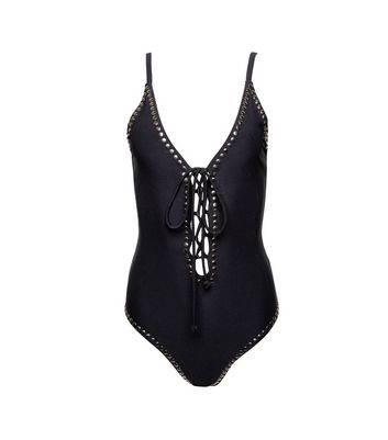 Wolf & Whistle Black Stud Lace-Up Swimsuit New Look