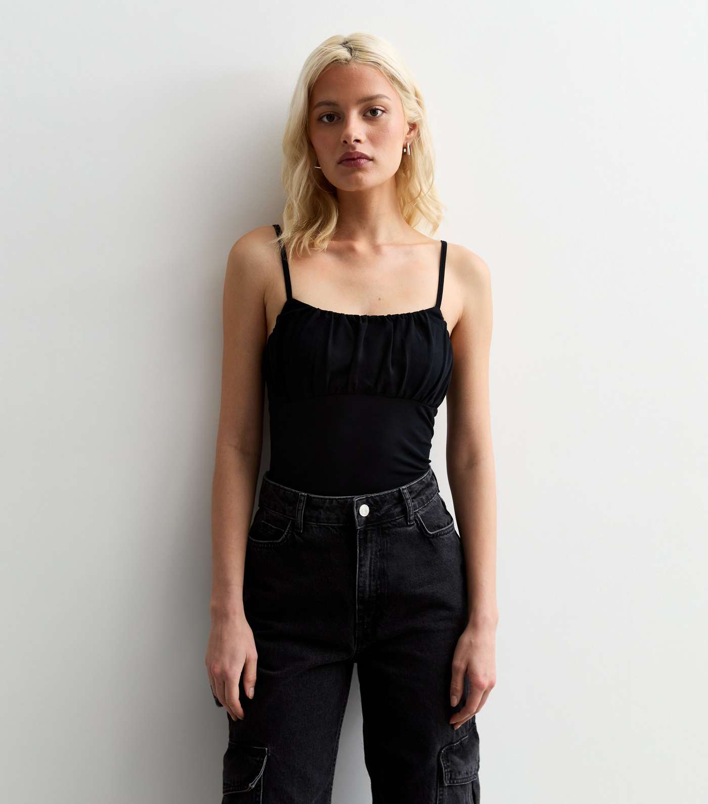 Black Ruched Front Strappy Bodysuit Image 3