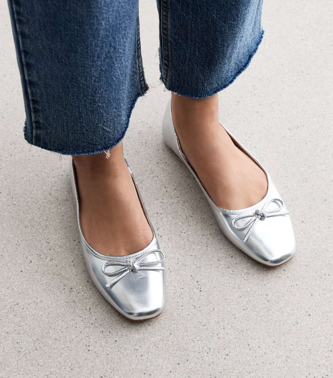 Truffle Silver Leather-Look Bow Ballerina Pumps Image 2