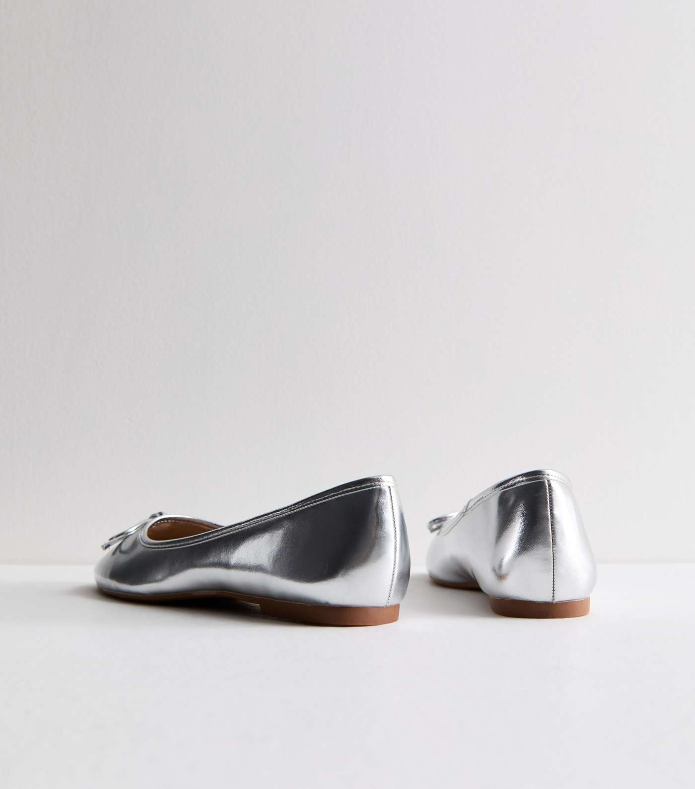 Truffle Silver Leather-Look Bow Ballerina Pumps Image 4