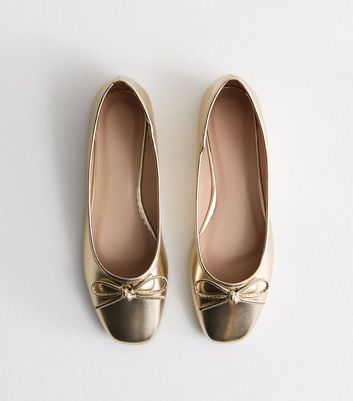 Truffle Gold Leather-Look Bow Ballerina Pumps New Look