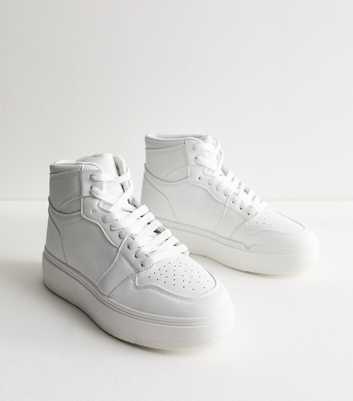 Truffle White Leather-Look High Top Trainers