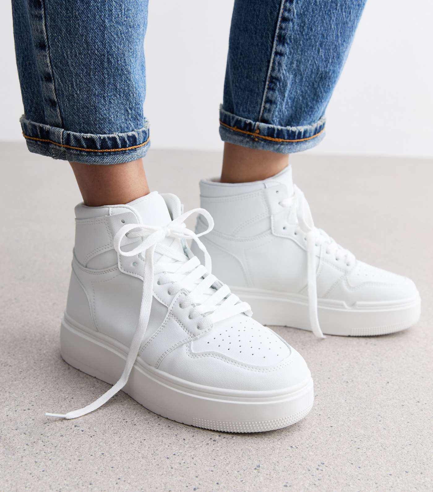 Truffle White Leather-Look High Top Trainers Image 2