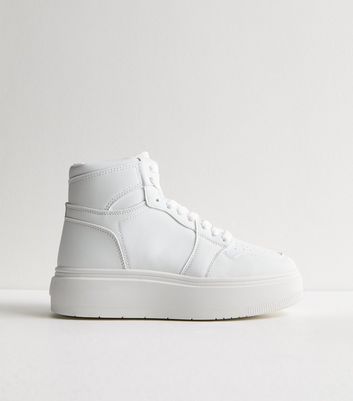 Truffle White Leather-Look High Top Trainers New Look