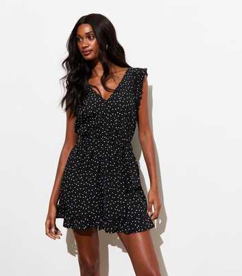 Black Polka-Dot Frill-Trim Playsuit