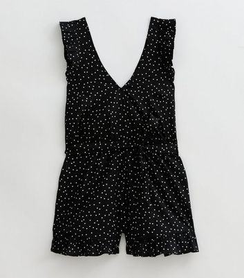 Black Polka-Dot Frill-Trim Playsuit New Look