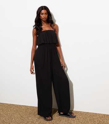 Black Bandeau-Neck Ruffle-Trim Beach Jumpsuit