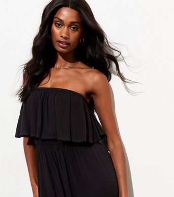 Black Bandeau Neck Ruffle Trim Beach Jumpsuit New Look