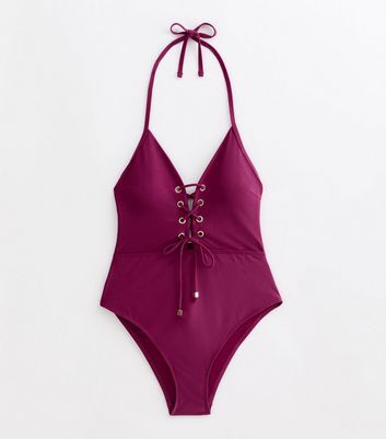 Purple Halter-Neck Lace-Front Swimsuit New Look