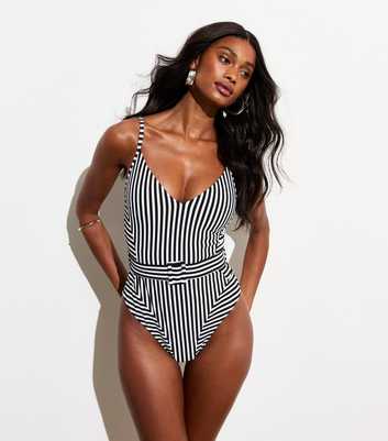 Black Striped Ribbed Belted Swimsuit