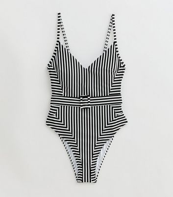 Black Striped Ribbed Belted Swimsuit New Look