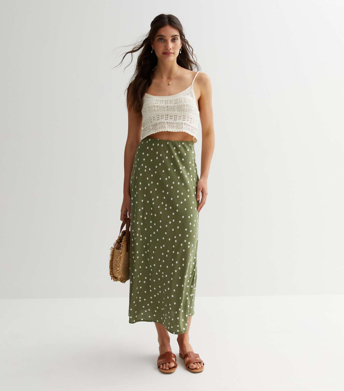 Khaki Spot Bias Cut Midi Skirt Image 2