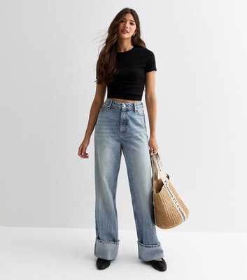 Blue Relaxed Turn Up Wide Leg Jeans