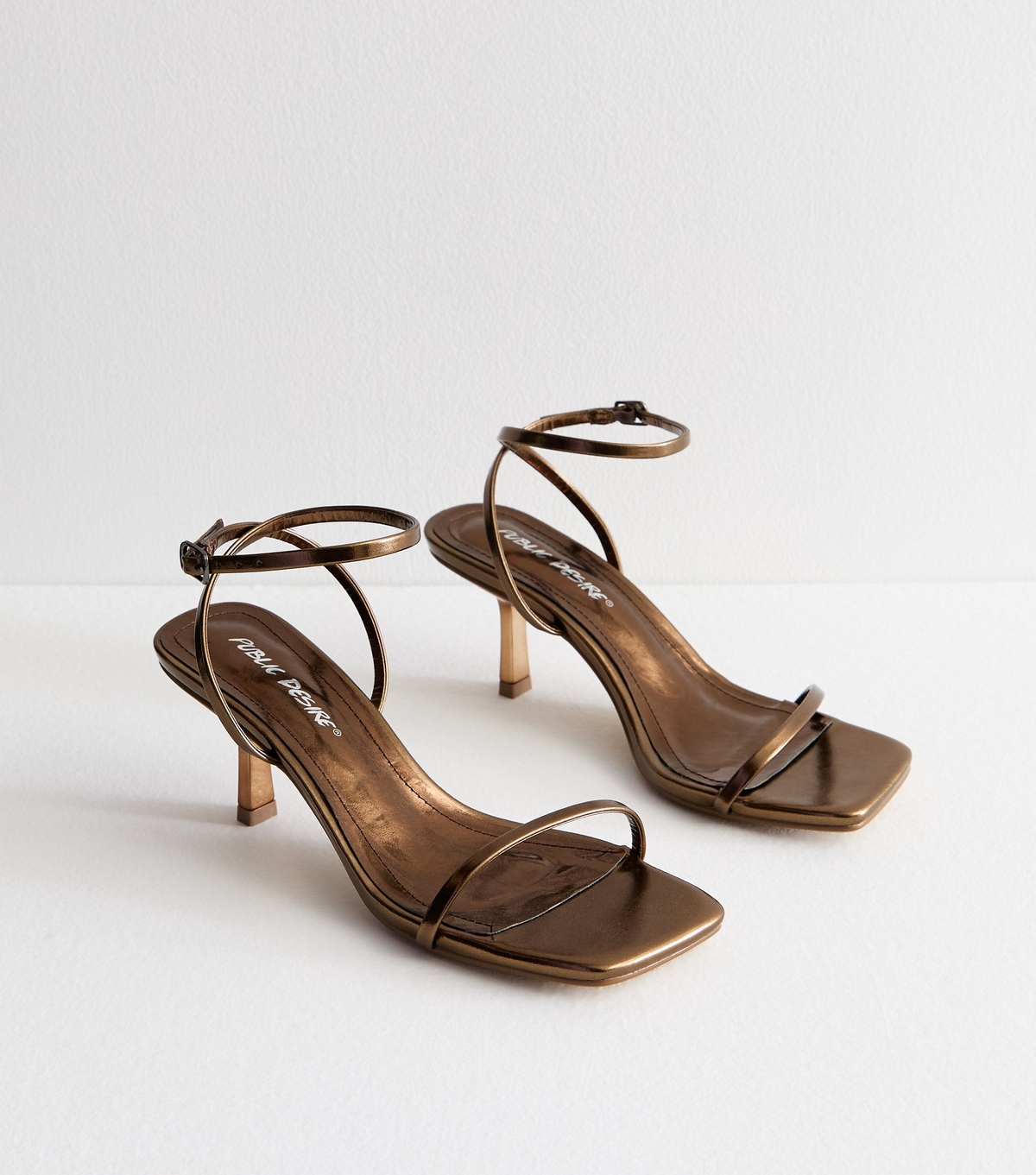 Women's Natalya Gold Square Toe Kitten Heel Sandals Public Desire New Look