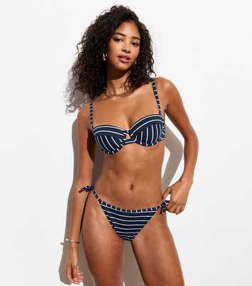 Navy Striped Underwired Balcony Bikini Top 