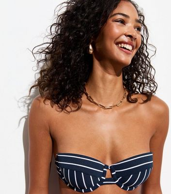 Navy Striped Underwired Balcony Bikini Top New Look