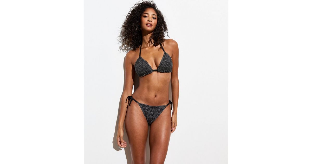 Black Plaid Lace Bowknot Halter Triangle Bikini Top