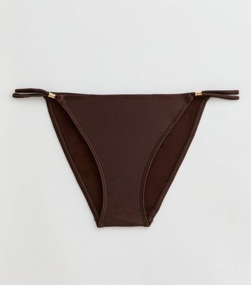 Brown Bead-Trim Tanga Bikini Bottoms New Look