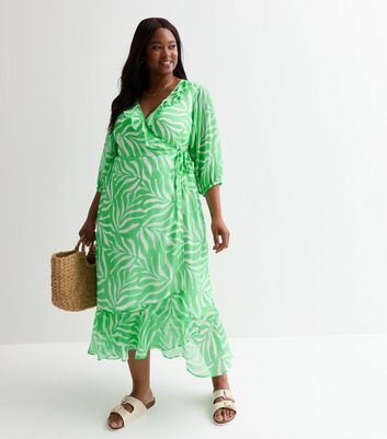 Curves Green Leaf Print Frill Hem Wrap Midi Dress New Look