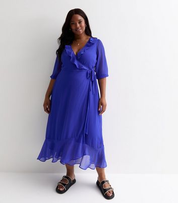 Curves Bright Blue Chiffon Frill Hem Wrap Midi Dress New Look