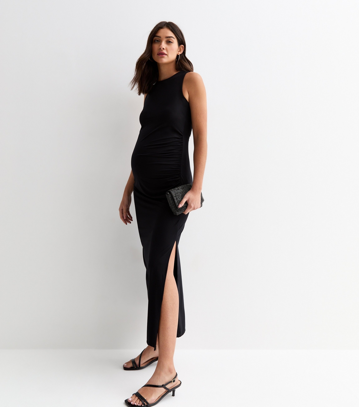 Women's Maternity Black Sleeveless Ruched Midi Dress New Look