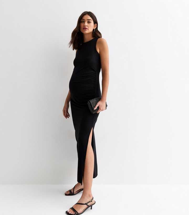 Maternity Black Sleeveless Ruched Midi Dress