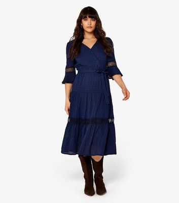 Apricot Navy Crochet Trim Tiered Midi Wrap Dress