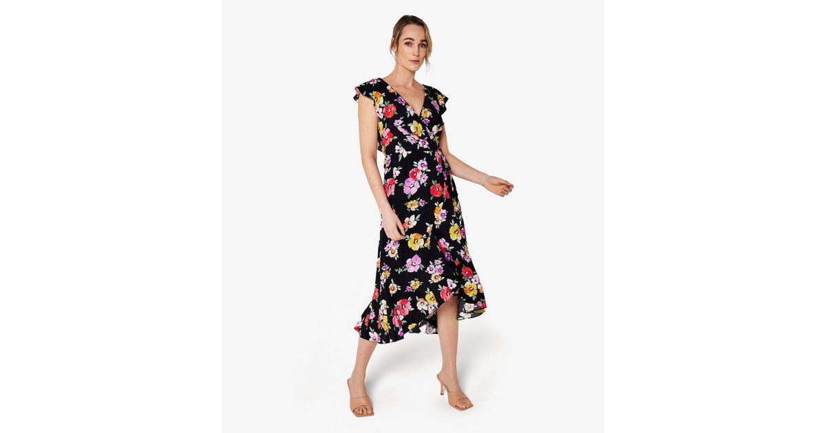 Apricot Black Floral Ruffle Wrap Front Midi Dress | New Look