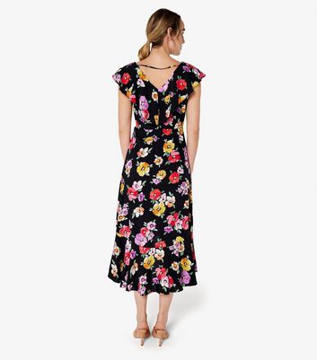 Apricot Black Floral Ruffle Wrap Front Midi Dress New Look