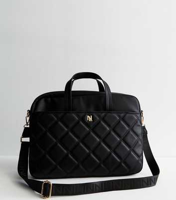 Black Quilted Leather-Look Laptop Bag