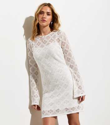 Off White Flounce Sleeve Crochet Mini Tunic Dress 