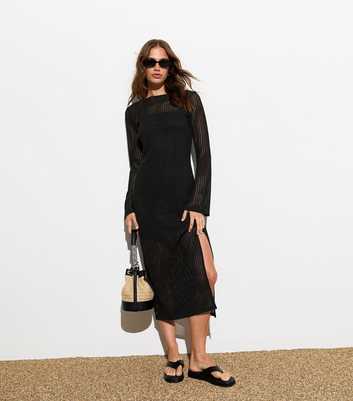 Black Crochet Long Sleeve Midi Dress