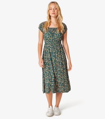 Apricot Green Floral Print Milkmaid Midi Dress New Look