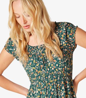 Apricot Green Floral Print Milkmaid Midi Dress New Look