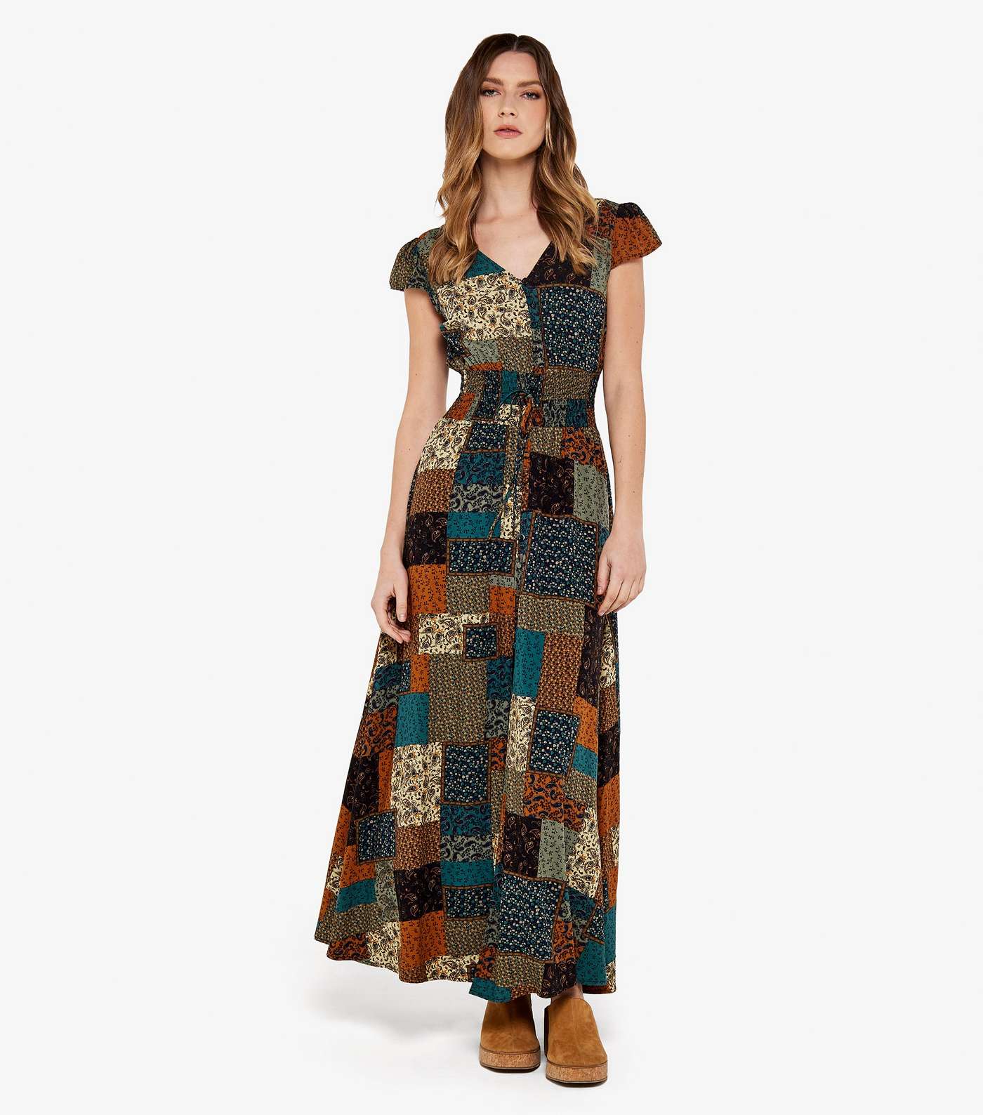Apricot Brown Patchwork Print Shirred Waist Maxi Dress Image 2