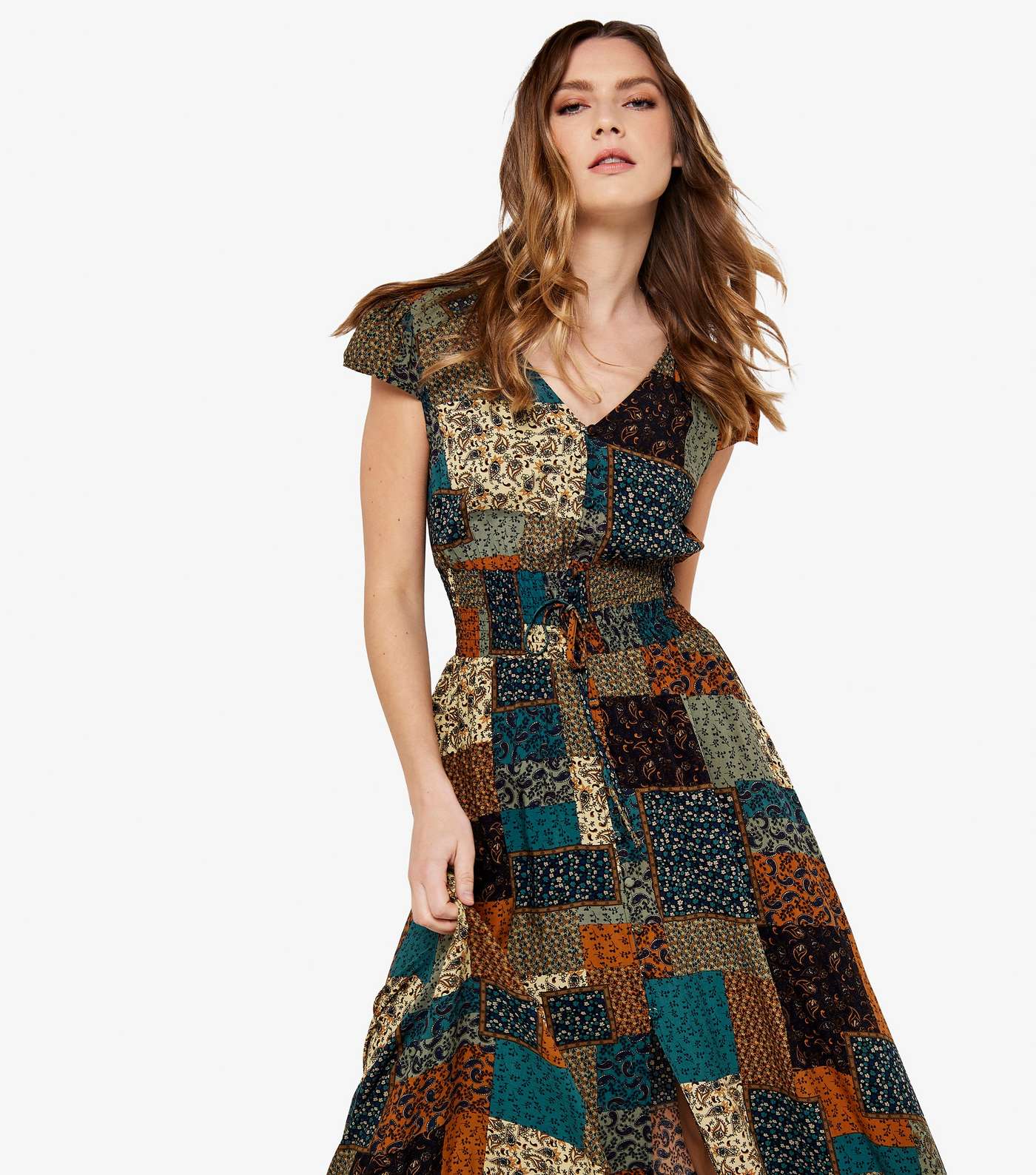 Apricot Brown Patchwork Print Shirred Waist Maxi Dress Image 4