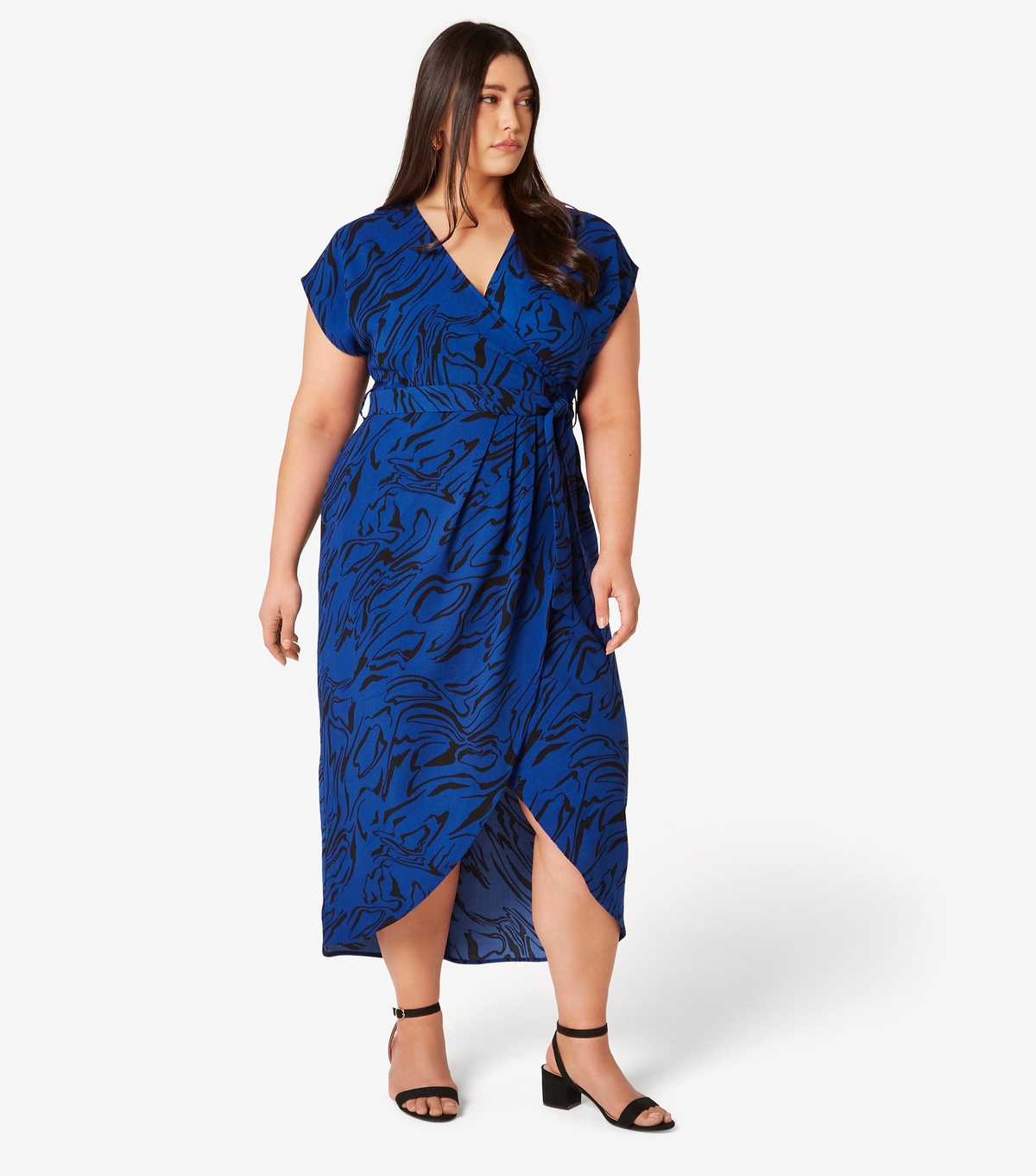 Women's Plus Size Blue Swirl Print Wrap Midi Dress Curves Apricot New Look