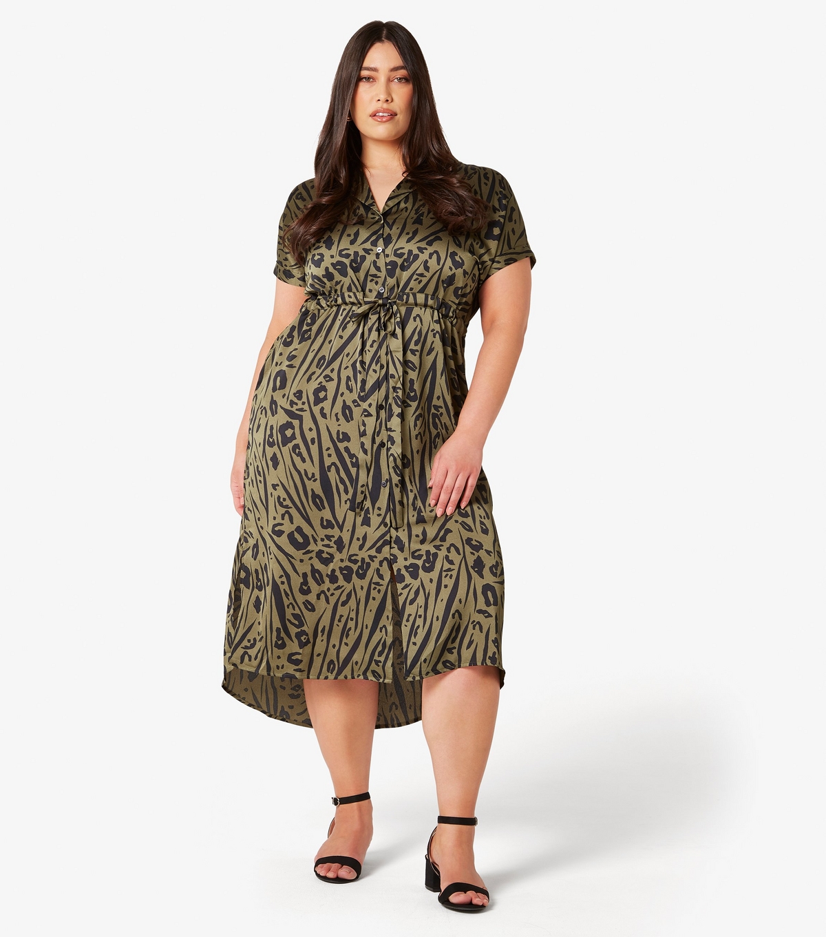 Women's Plus Size Khaki Animal Print Satin Shirt Midi Dress Curves Apricot New Look