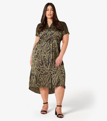 Apricot Curves Khaki Animal Print Satin Shirt Midi Dress New Look