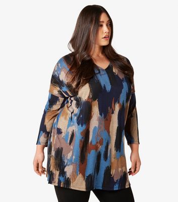 Apricot Curves Blue Abstract Print V Neck Top New Look