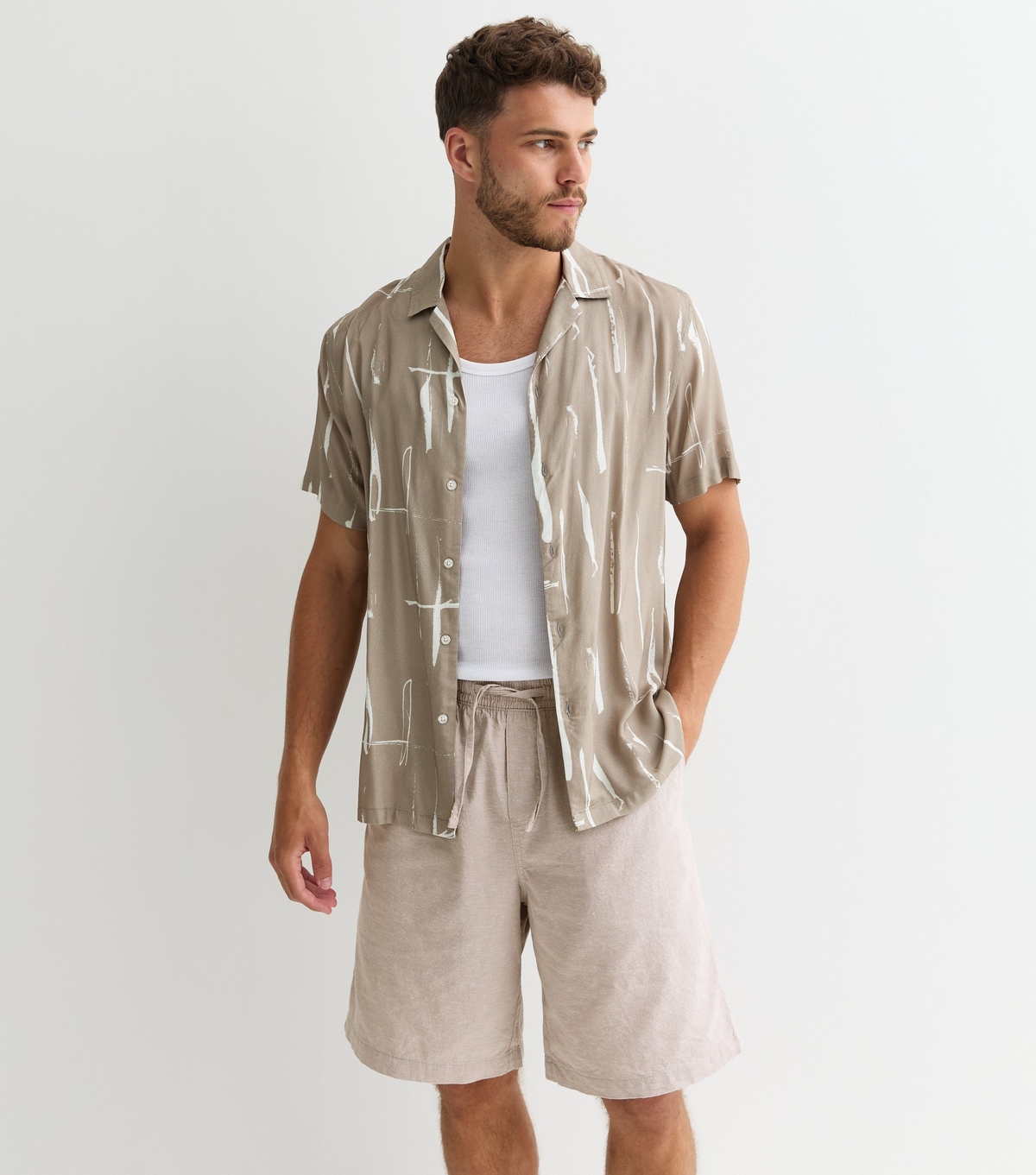 Men's Stone Cotton-Linen Shorts Jack & Jones New Look