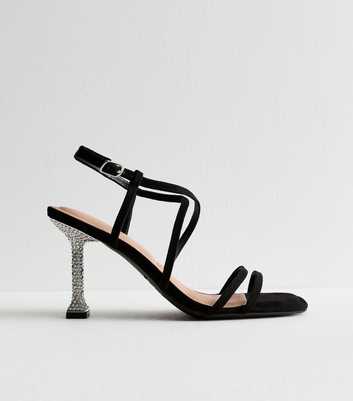 Black Suedette Embellished Heel Square Toe Strappy Sandals