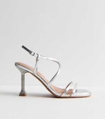 Silver Leather-Look Embellished Heel Square Toe Sandals