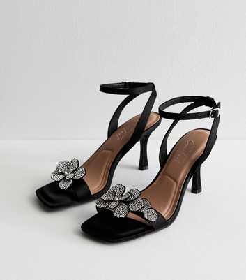 Black Satin Corsage Diamanté Heeled Sandals